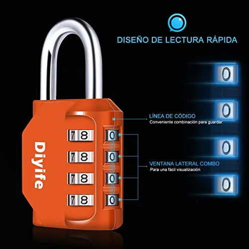 Diyife ▫️ Cadeado de combinação de 4 dígitos à prova de água, para ginásio, cacifos, arquivos e caixas de ferramentas, laranja 2