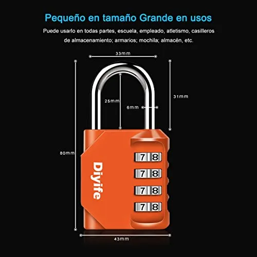 Diyife ▫️ Cadeado de combinação de 4 dígitos à prova de água, para ginásio, cacifos, arquivos e caixas de ferramentas, laranja 3
