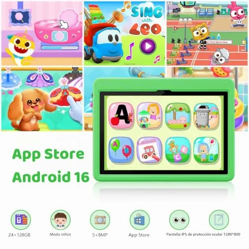 TT.KIDS ▫️ Tablet para crianças de 10 polegadas, tablet infantil com Android 16 e 5 núcleos, 24 GB de RAM e 128 GB de ROM, ecrã IPS HD 1280×800, bateria de 6000 mAh, controlo parental, Wi-Fi 6 e Bluetooth (verde) 2