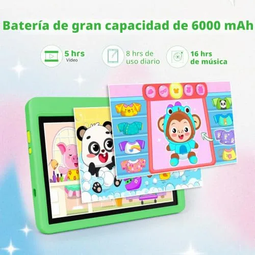 TT.KIDS ▫️ Tablet para crianças de 10 polegadas, tablet infantil com Android 16 e 5 núcleos, 24 GB de RAM e 128 GB de ROM, ecrã IPS HD 1280×800, bateria de 6000 mAh, controlo parental, Wi-Fi 6 e Bluetooth (verde) 5
