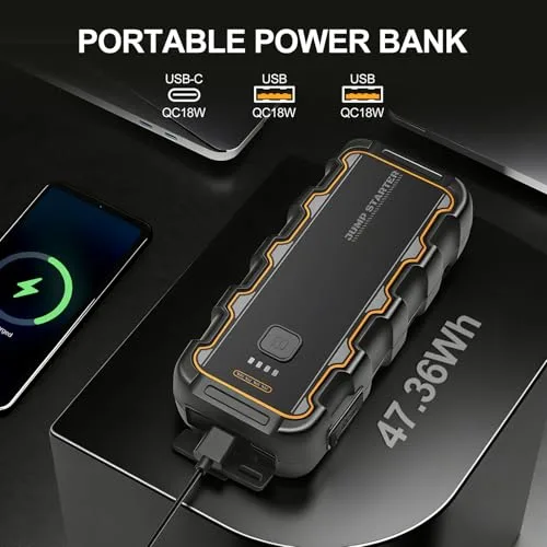 XILANHUA ▫️ Arrancador de bateria para automóvel de 7000 A, para motores a gasolina de 8,0 L/diesel de 6,0 L, Arrancador portátil de 12 V para automóvel com carregamento rápido USB e pinças para bateria, funciona em condições de frio extremo, para automóvel, mota, barco e campismo 7