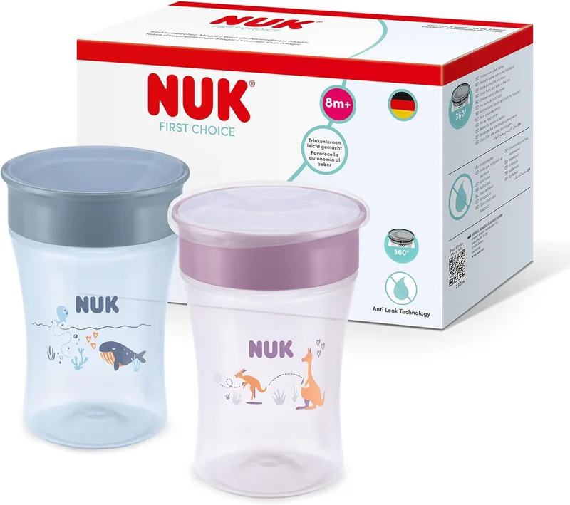 NUK ▫️ Magic Cup – copo de treino para bebés, a partir dos 8 meses, azul e lilás, copo para bebés de 230 ml, rebordo anti-derrame de 360°, 2 unidades