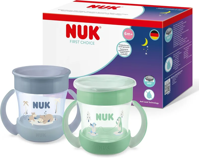 NUK ▫️ Mini Magic Cup Night – copo de treino para bebés, a partir dos 6 meses, verde e cinzento, copo para bebés de 160 ml, rebordo antiderramamento de 360°, pegas antiderrapantes, brilha no escuro, 2 unidades