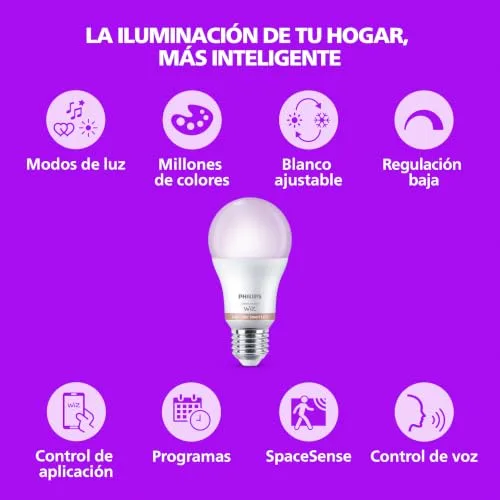 Philips ▫️ Smart Lighting, Lâmpada LED RGB Inteligente A60, E27, 1521 lm, Cor e Branco Ajustáveis 2200 K-6500 K, Intensidade Regulável, Compatível com WiZ, Alexa, Google Home e Apple Home 3