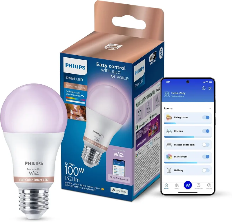 Philips ▫️ Smart Lighting, Lâmpada LED RGB Inteligente A60, E27, 1521 lm, Cor e Branco Ajustáveis 2200 K-6500 K, Intensidade Regulável, Compatível com WiZ, Alexa, Google Home e Apple Home