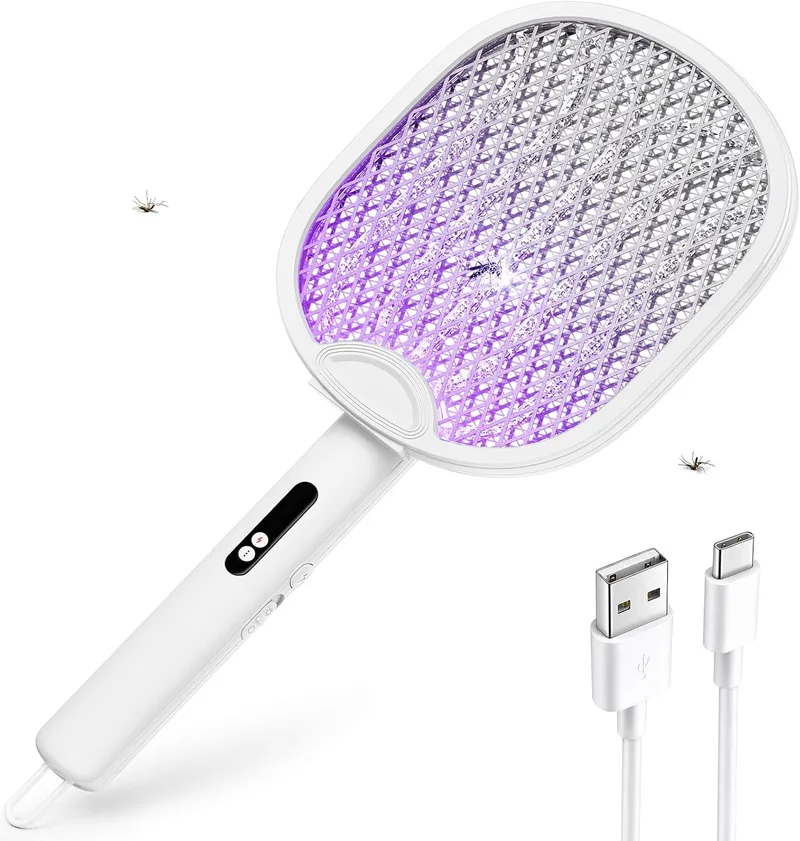 ZOVHYYA ▫️ Raquete elétrica dobrável e recarregável para matar mosquitos, portátil | 4000 V, 1800 mAh, USB 3 em 1, USB-C, modo manual, para mesa ou parede, grelha protetora de 5 camadas, para quarto, cozinha e campismo