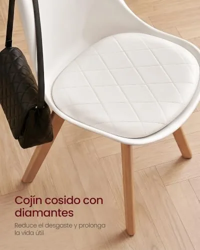 VASAGLE ▫️ Cadeiras de Jantar, Couro PU e Madeira de Fagó, Assento Estofado, Conjunto de 4, 46,5 x 57 x 79 cm, Branco Nuvem e Cor Natural, para Sala de Estar e Cozinha, Coleção Lenna KDC888WD01 4