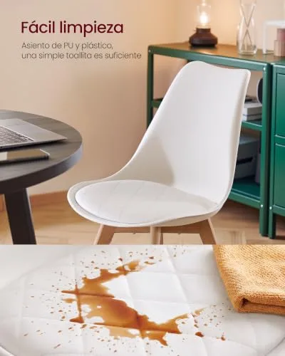 VASAGLE ▫️ Cadeiras de Jantar, Couro PU e Madeira de Fagó, Assento Estofado, Conjunto de 4, 46,5 x 57 x 79 cm, Branco Nuvem e Cor Natural, para Sala de Estar e Cozinha, Coleção Lenna KDC888WD01 7