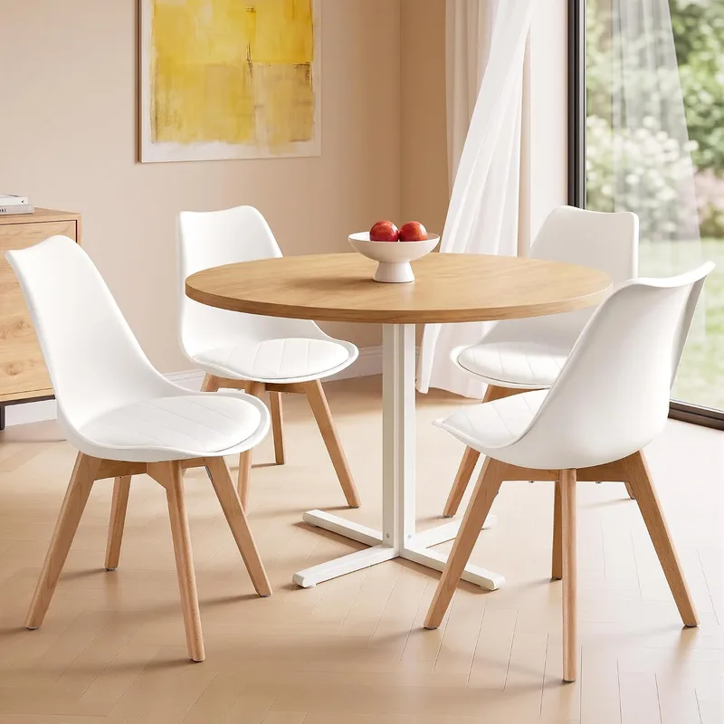 VASAGLE ▫️ Cadeiras de Jantar, Couro PU e Madeira de Fagó, Assento Estofado, Conjunto de 4, 46,5 x 57 x 79 cm, Branco Nuvem e Cor Natural, para Sala de Estar e Cozinha, Coleção Lenna KDC888WD01