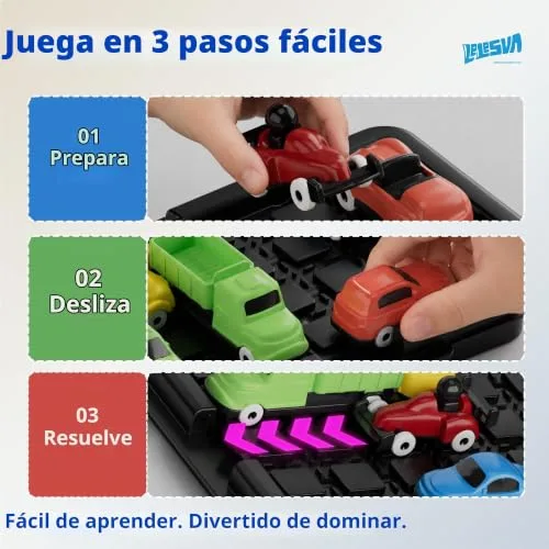 LELESUN ▫️ Jogo de quebra-cabeças deslizante «Unblock Car Klotski», jogo de mesa de lógica sobre engarrafamentos, com 16 carros e mais de 100 desafios, brinquedo STEM de ingenuidade para 2 jogadores. 3