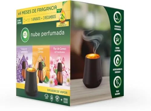 Air Wick ▫️ Essential Mist, embalagem de ambientador difusor de óleos essenciais com 3 aromas: explosão cítrica, campos de lavanda e flor de cerejeira, enriquecidos com o dobro de óleos essenciais 2