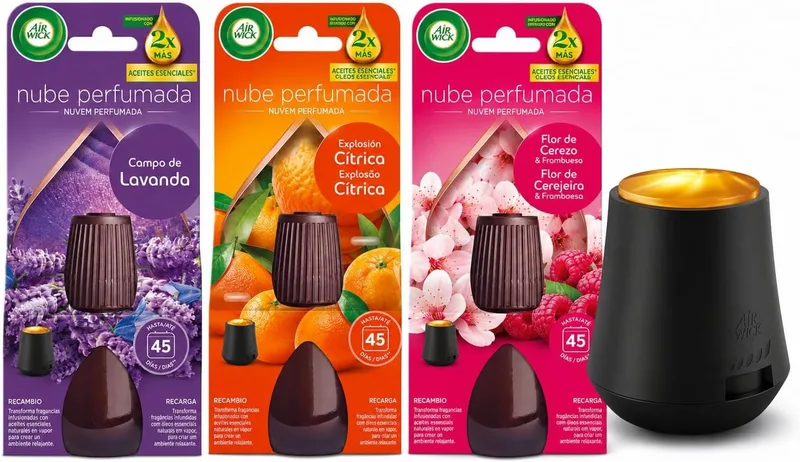 Air Wick ▫️ Essential Mist, embalagem de ambientador difusor de óleos essenciais com 3 aromas: explosão cítrica, campos de lavanda e flor de cerejeira, enriquecidos com o dobro de óleos essenciais