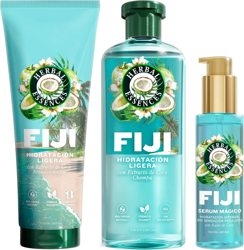 Herbal Essences ▫️ Fiji Champô Sem Sulfatos + Condicionador + Sérum, Conjunto | Hidratação Leve Sem Deixar o Cabelo Pesado, para um Cabelo Macio e Sedoso, com Aroma a Coco
