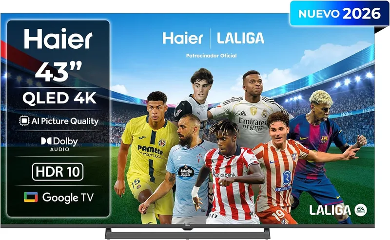 Haier ▫️ H6 QLED 4K 43" 43H6GUX, Smart TV com Google TV, Dolby Audio, HDR10, AI Picture Quality, Bluetooth 5.1, 2 portas USB 2.0, DBX TV, 4 portas HDMI 2.1 [2026]