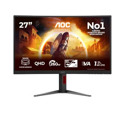 AOC ▫️ Monitor CQ27G4Z2 de 27 polegadas, 260 Hz, painel Fast VA, 1 ms GtG, HDR400, Adaptive Sync, altura ajustável, (2560x1440, 2 portas HDMI 2.0, 1 porta DP 1.4) Preto 2
