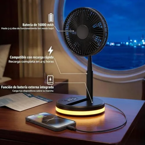 LIPETY ▫️ Ventilador de pé portátil, dobrável e oscilante - 7,8" com bateria recarregável de 16 000 mAh, USB-C; pequenos ventiladores de mesa com controlo remoto; ventilador de pé silencioso para casa, dormir, escritório e viagens 2