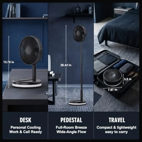 LIPETY ▫️ Ventilador de pé portátil, dobrável e oscilante - 7,8" com bateria recarregável de 16 000 mAh, USB-C; pequenos ventiladores de mesa com controlo remoto; ventilador de pé silencioso para casa, dormir, escritório e viagens 5