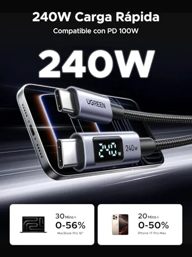 UGREEN ▫️ Conjunto de 2 cabos USB-C PD 3.1 de 240 W com carregamento rápido e ecrã LED (2 m) 2
