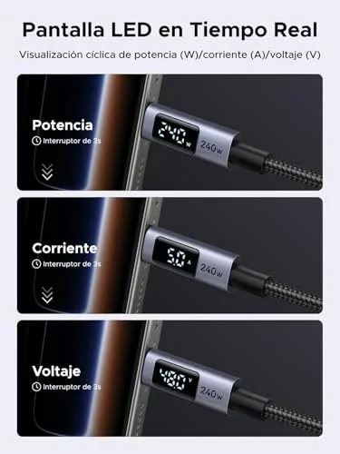 UGREEN ▫️ Conjunto de 2 cabos USB-C PD 3.1 de 240 W com carregamento rápido e ecrã LED (2 m) 3