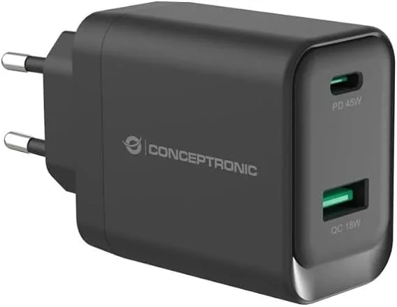 Conceptronic ▫️ Carregador de 2 portas GAN, USB-C e USB-A, 45 W, Power Delivery 3.0, PPS, cor preta