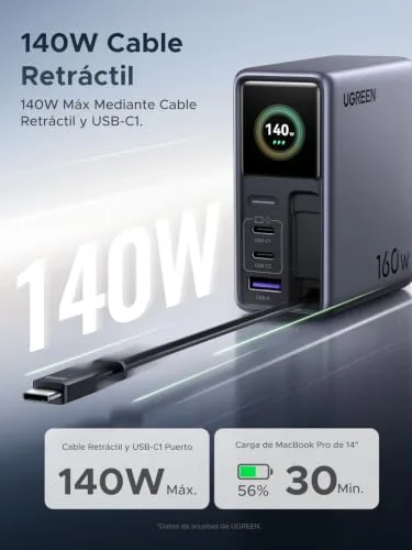 UGREEN ▫️ Nexode Pro 160 W Carregador USB-C com cabo retrátil e ecrã TFT 2