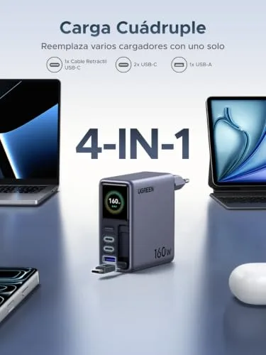 UGREEN ▫️ Nexode Pro 160 W Carregador USB-C com cabo retrátil e ecrã TFT 4