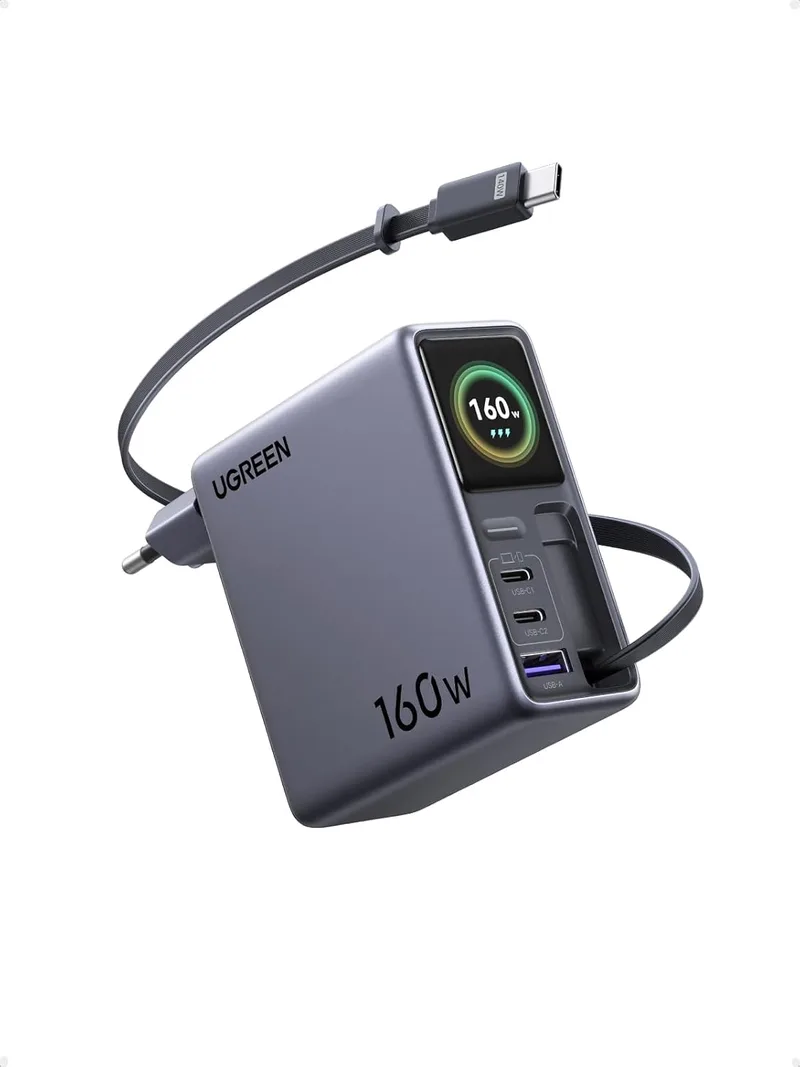 UGREEN ▫️ Nexode Pro 160 W Carregador USB-C com cabo retrátil e ecrã TFT