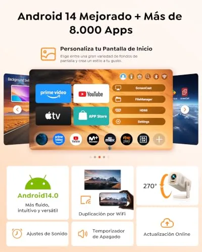 WiMiUS ▫️ Projetor Portátil 【Android 14.0/Aplicação Integrada】 Mini Projetor Inteligente, Correção Trapezoidal Automática, Wi-Fi 6, Bluetooth 5.4, Rotação de 270°, Controlo por Aplicação, Projetor Portátil para Cinema em Casa 2