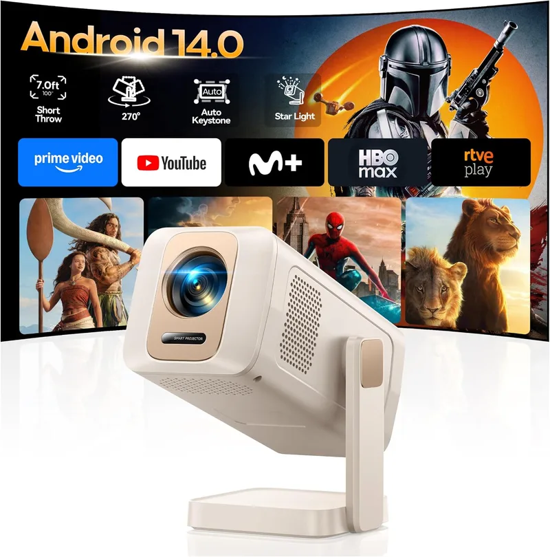 WiMiUS ▫️ Projetor Portátil 【Android 14.0/Aplicação Integrada】 Mini Projetor Inteligente, Correção Trapezoidal Automática, Wi-Fi 6, Bluetooth 5.4, Rotação de 270°, Controlo por Aplicação, Projetor Portátil para Cinema em Casa