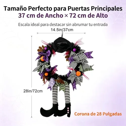 FGHB ▫️ Guirlandas de Halloween, Guirlanda de Halloween «Guirlanda das Bruxas» de 28 polegadas para a porta da frente, com chapéu de bruxa, pernas e abóbora, para a porta, alpendre, janela e decoração de Halloween interior e exterior 2