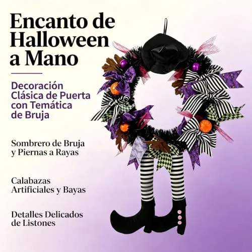 FGHB ▫️ Guirlandas de Halloween, Guirlanda de Halloween «Guirlanda das Bruxas» de 28 polegadas para a porta da frente, com chapéu de bruxa, pernas e abóbora, para a porta, alpendre, janela e decoração de Halloween interior e exterior 3