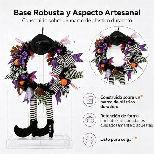 FGHB ▫️ Guirlandas de Halloween, Guirlanda de Halloween «Guirlanda das Bruxas» de 28 polegadas para a porta da frente, com chapéu de bruxa, pernas e abóbora, para a porta, alpendre, janela e decoração de Halloween interior e exterior 4