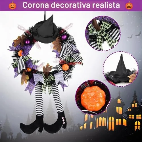 FGHB ▫️ Guirlandas de Halloween, Guirlanda de Halloween «Guirlanda das Bruxas» de 28 polegadas para a porta da frente, com chapéu de bruxa, pernas e abóbora, para a porta, alpendre, janela e decoração de Halloween interior e exterior 5