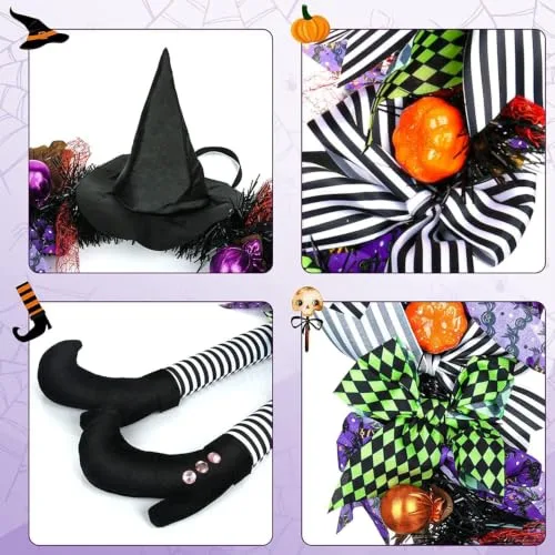 FGHB ▫️ Guirlandas de Halloween, Guirlanda de Halloween «Guirlanda das Bruxas» de 28 polegadas para a porta da frente, com chapéu de bruxa, pernas e abóbora, para a porta, alpendre, janela e decoração de Halloween interior e exterior 6