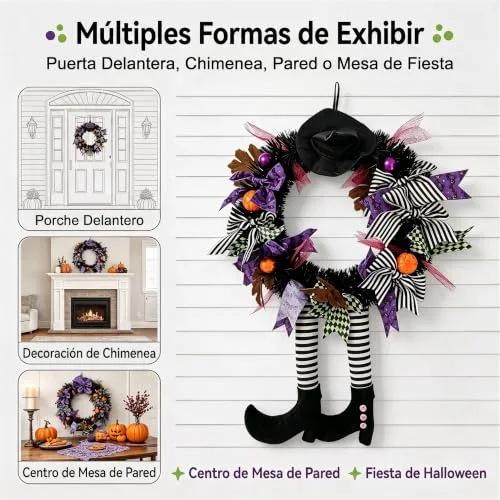 FGHB ▫️ Guirlandas de Halloween, Guirlanda de Halloween «Guirlanda das Bruxas» de 28 polegadas para a porta da frente, com chapéu de bruxa, pernas e abóbora, para a porta, alpendre, janela e decoração de Halloween interior e exterior 7