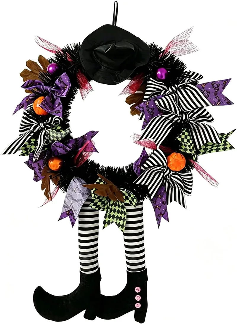 FGHB ▫️ Guirlandas de Halloween, Guirlanda de Halloween «Guirlanda das Bruxas» de 28 polegadas para a porta da frente, com chapéu de bruxa, pernas e abóbora, para a porta, alpendre, janela e decoração de Halloween interior e exterior