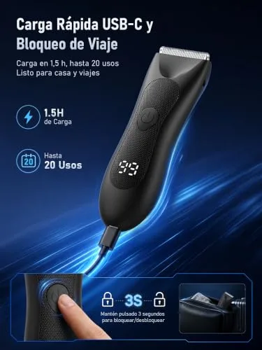 JOOPLEX ▫️ Máquina de barbear corporal para homem: Depiladora corporal à prova de água para homem, para uso a seco e a húmido, luz LED para corte de precisão nas axilas, peito, pernas e zona genital, ecrã digital da bateria, bloqueio de viagem 6