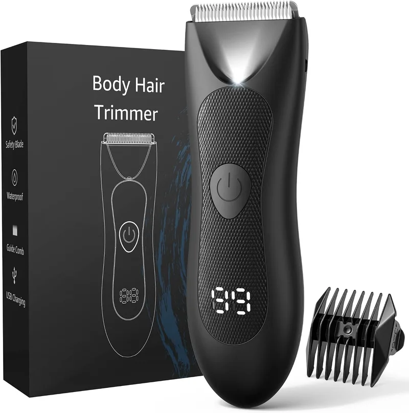 JOOPLEX ▫️ Máquina de barbear corporal para homem: Depiladora corporal à prova de água para homem, para uso a seco e a húmido, luz LED para corte de precisão nas axilas, peito, pernas e zona genital, ecrã digital da bateria, bloqueio de viagem