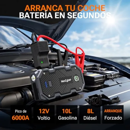 NexCyber ▫️ Arrancador de baterias de automóvel, 6000 A, arrancador portátil de 12 V (para 10,0 L de gasolina ou 8,0 L de gasóleo), arrancador de emergência com luz LED, pinças de segurança inteligentes, bússola 2