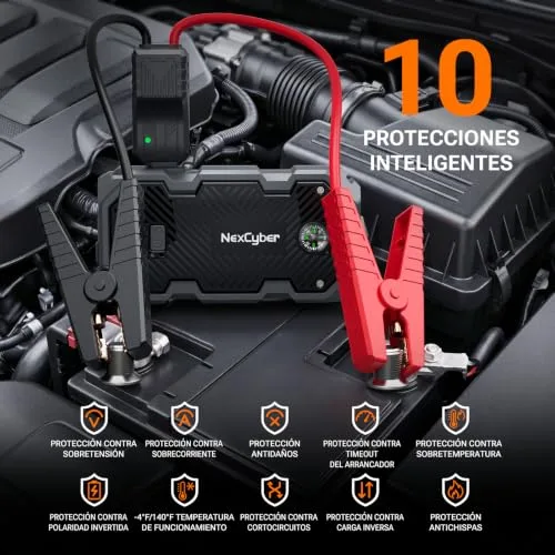 NexCyber ▫️ Arrancador de baterias de automóvel, 6000 A, arrancador portátil de 12 V (para 10,0 L de gasolina ou 8,0 L de gasóleo), arrancador de emergência com luz LED, pinças de segurança inteligentes, bússola 3