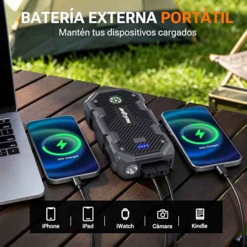 NexCyber ▫️ Arrancador de baterias de automóvel, 6000 A, arrancador portátil de 12 V (para 10,0 L de gasolina ou 8,0 L de gasóleo), arrancador de emergência com luz LED, pinças de segurança inteligentes, bússola 4