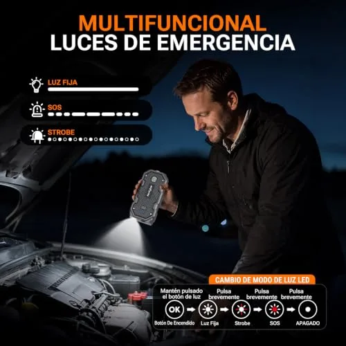 NexCyber ▫️ Arrancador de baterias de automóvel, 6000 A, arrancador portátil de 12 V (para 10,0 L de gasolina ou 8,0 L de gasóleo), arrancador de emergência com luz LED, pinças de segurança inteligentes, bússola 5