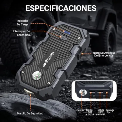 NexCyber ▫️ Arrancador de baterias de automóvel, 6000 A, arrancador portátil de 12 V (para 10,0 L de gasolina ou 8,0 L de gasóleo), arrancador de emergência com luz LED, pinças de segurança inteligentes, bússola 6