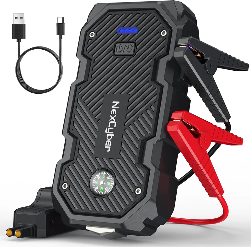 NexCyber ▫️ Arrancador de baterias de automóvel, 6000 A, arrancador portátil de 12 V (para 10,0 L de gasolina ou 8,0 L de gasóleo), arrancador de emergência com luz LED, pinças de segurança inteligentes, bússola