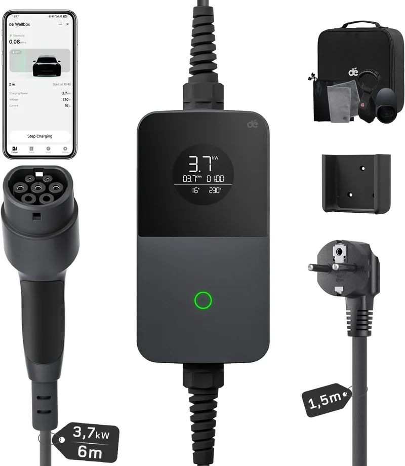 dé ▫️ Carregador para veículos elétricos de 3,7 kW com aplicação, cabo de 6 m tipo 2, 6-16 A | Carregador para veículos elétricos ajustável com programação via aplicação e ecrã LCD, cabo com 7,5 m no total, compatível com veículos tipo 2 e PHEV