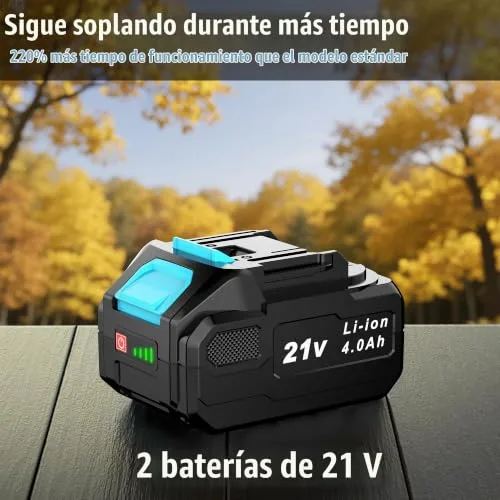 LEEIKOO ▫️ Soprador de Folhas, Soprador a Bateria de 21 V com 2 baterias de 4,0 Ah, 3 níveis de velocidade, 2 tubos de sopro, alça de ombro para soprar folhas, neve, pó e detritos 3