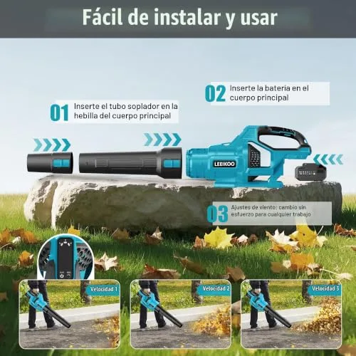 LEEIKOO ▫️ Soprador de Folhas, Soprador a Bateria de 21 V com 2 baterias de 4,0 Ah, 3 níveis de velocidade, 2 tubos de sopro, alça de ombro para soprar folhas, neve, pó e detritos 6