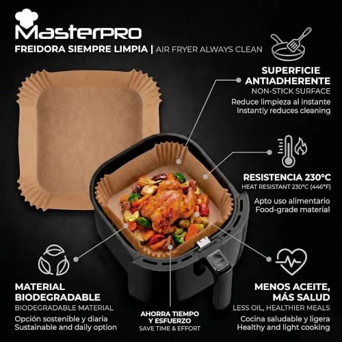 MasterPro ▫️ Papel para fritadeira de ar quente | Embalagem de 500 moldes de papel de cozinha descartáveis antiaderentes | Compatível com Cosori, Cecotec, Philips | 20 x 20 x 4,5 cm: fritadeiras de ar quente de 5 L a 8 L 2