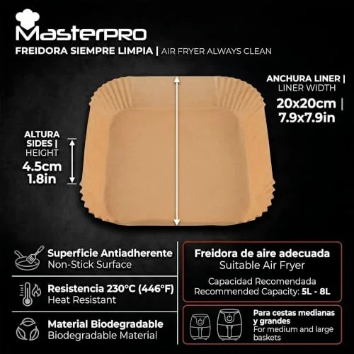MasterPro ▫️ Papel para fritadeira de ar quente | Embalagem de 500 moldes de papel de cozinha descartáveis antiaderentes | Compatível com Cosori, Cecotec, Philips | 20 x 20 x 4,5 cm: fritadeiras de ar quente de 5 L a 8 L 3