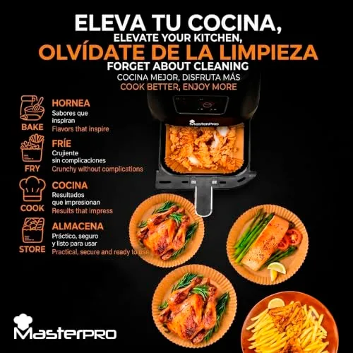MasterPro ▫️ Papel para fritadeira de ar quente | Embalagem de 500 moldes de papel de cozinha descartáveis antiaderentes | Compatível com Cosori, Cecotec, Philips | 20 x 20 x 4,5 cm: fritadeiras de ar quente de 5 L a 8 L 5